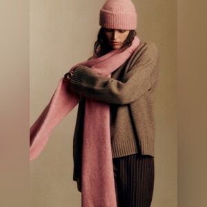 Sézane Pink Scarf and Brown Sweater